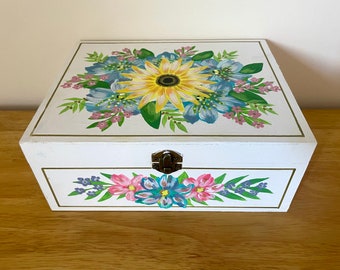 Hand Painted Sunflower Wooden Box, Jewelry Keepsake Storage