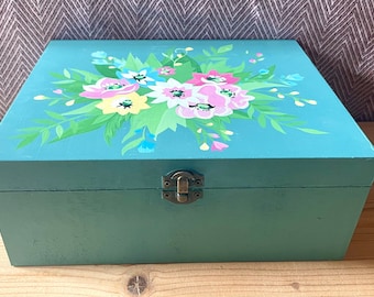 Hand Painted Floral Storage Box: Duck Egg Blue Wooden Keepsake