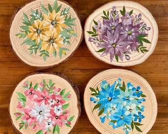 Pack of four rustic Hand painted floral wood slice coasters. Placemats. Home decor. Floral decor. Coasters