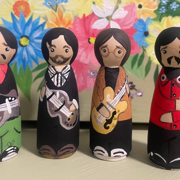 Set of four Beatles peg dolls. Beatles peg dols. Legend peg dolls. Legend peg dolls. Hand painted peg dolls. Cake topper.