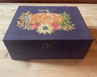 Hand Painted Wooden Box, Autumn Pumpkin Decor, Home Storage