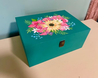 Hand Painted Teal Wooden Box: Sunflower & Lilly Design