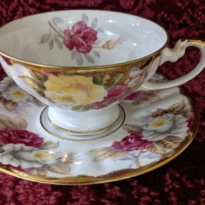 Vintage Shafford Teacup and Saucer Bone China Japan Yellow/Red Roses