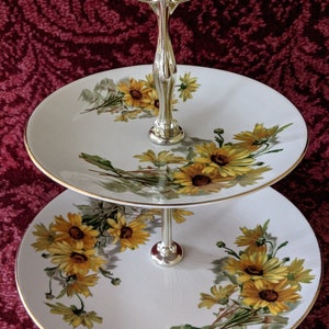 Vintage 2 Tiered Cake Stand Yellow Daisies Earthenware England