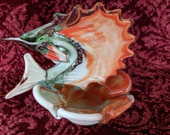 Vintage Murano Kunstglas Schwertfisch Schmuckschale Orange/Grün