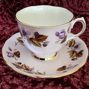 Vintage Colclough Bone China England Teacup and Saucer Purple Flowers and Berries