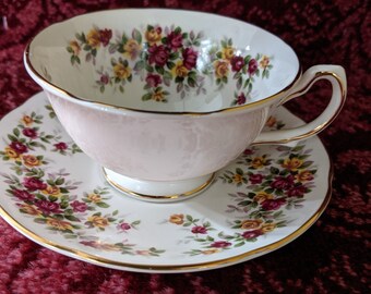 Vintage Royal Grafton Teacup and Saucer Bone China England Wide Bowl Mini Red/Yellow Roses