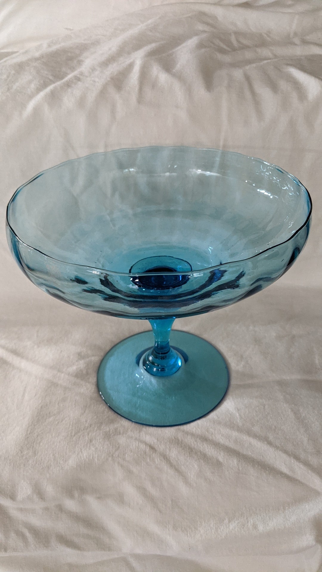 Vintage Art Glass Blue Pedestal Bowl Etsy