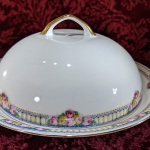 Vintage Victoria Czechoslovakia Covered Butter Dish Bone China Mini Roses