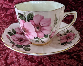 Vintage Old Royal Teacup and Saucer Bone China England Pink Wild Roses