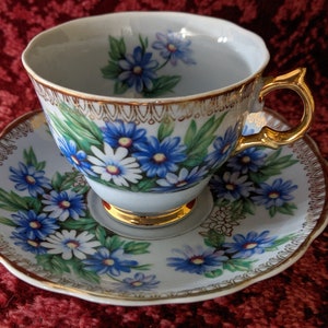 Vintage Castle China Teacup and Saucer Bone China Japan Blue Floral