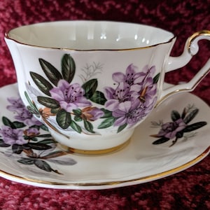 Vintage Zellar Crest Teacup and Saucer Bone China England Purple Florals