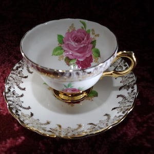 Vintage Rosina Pedestal Teacup and Saucer Bone China England Pink Roses