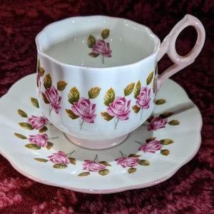 Vintage Rosina Teacup and Saucer Bone China England Mini Pink Roses