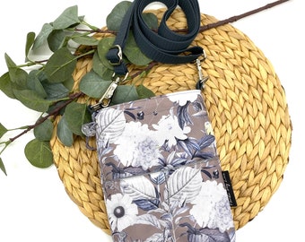 Gassitasche, shoulder bag, handbag in "Luxury Blossom" design, flowers blue-grey, grey, taupe