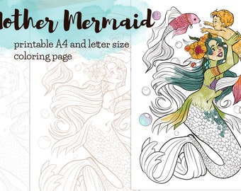 Mother Mermaid coloring page (printable b&w, light grey and sepia)