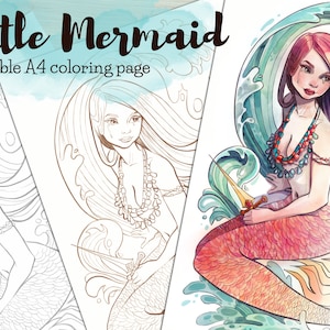May include: A printable coloring page featuring a mermaid with long flowing hair, a seashell necklace, and a trident. The mermaid is surrounded by swirling waves. The text "Little Mermaid printable A4 coloring page" is at the top of the page.
