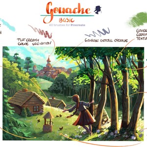 May include: A digital illustration of a gouache painting tutorial with 20 brushes for Procreate. The image shows a whimsical landscape with a village, trees, a girl, and a well. The text "Gouache Basic" is written in a stylized font at the top of the image. The image is surrounded by various brush strokes and textures, each labeled with a description of the brush.