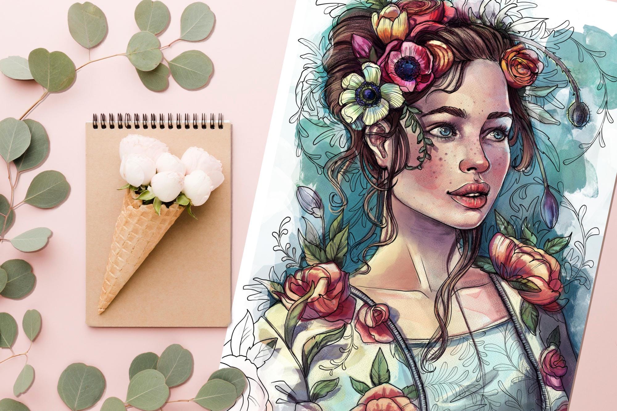 Spring Girl - Printable Coloring Page, Classic and Grayscale - Etsy
