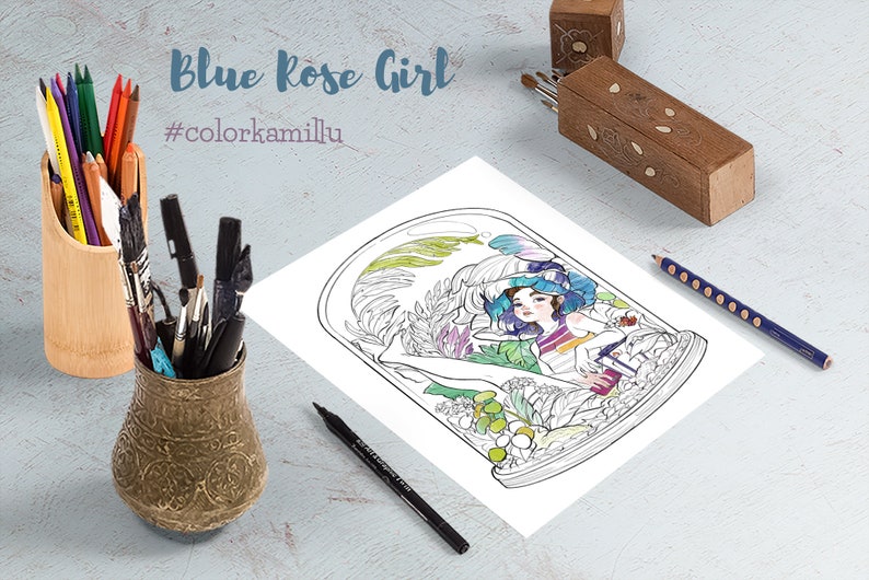 Printable coloring page Blue Rose Girl b&w light grey and | Etsy