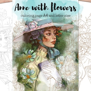 Puede incluir: Ilustración en acuarela de una mujer con sombrero rodeada de flores. La imagen está etiquetada como "Anne with flowers coloring page A4 and letter size". La mujer lleva un sombrero azul claro con detalles rosas y un vestido blanco.