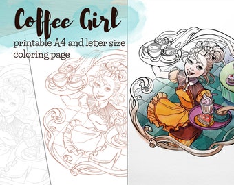 Printable coloring page Coffee Girl (b&w, light grey and sepia)