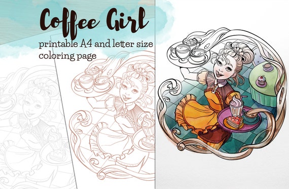 Printable Coloring Page Coffee Girl b&w Light Grey and - Etsy