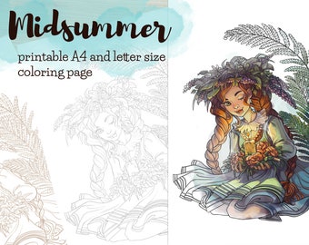 Slavic Midsummer: Folk-Inspired Printable Coloring Page with blask, grey and sepia lines