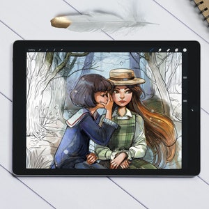 Puede incluir: Dos chicas, una con un sombrero de paja, se susurran algo en un entorno de bosque. La imagen est&aacute; dibujada en un estilo digital con un efecto acuarela.