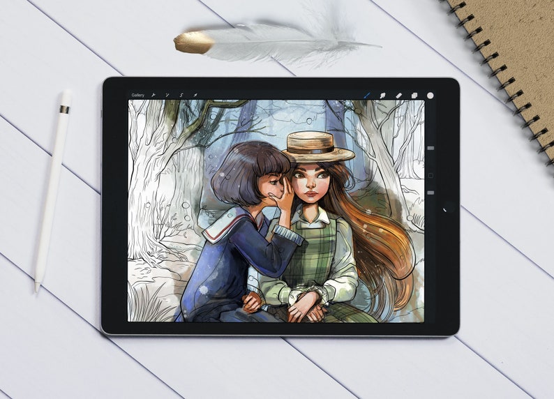 Puede incluir: Dos chicas, una con un sombrero de paja, se susurran algo en un entorno de bosque. La imagen est&aacute; dibujada en un estilo digital con un efecto acuarela.