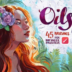 May include: Digital art illustration featuring a woman with long red hair and a floral crown. The image includes the word "Oils" in a stylized font, along with "45 Brushes for Infinite Painter" and a paintbrush icon.