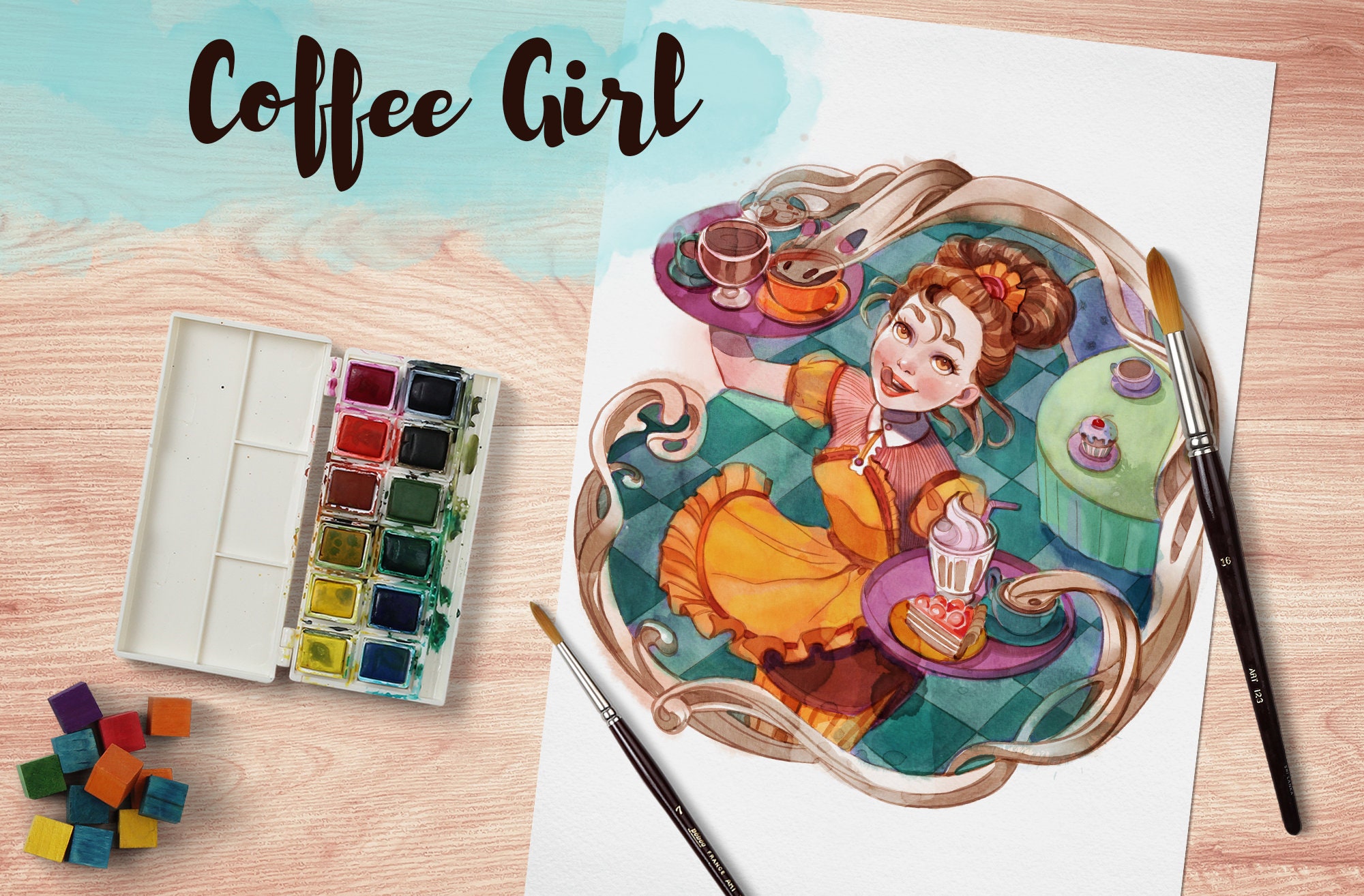 Printable Coloring Page Coffee Girl b&w Light Grey and - Etsy