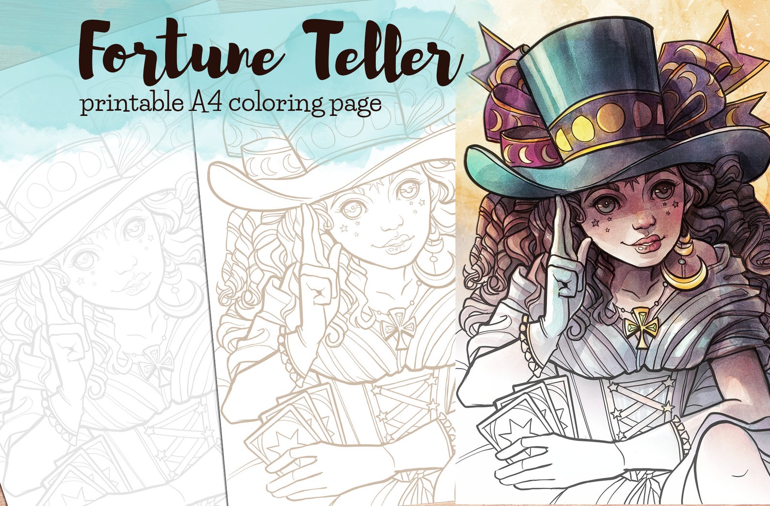 Printable Coloring page Fortune Teller in black and white Etsy