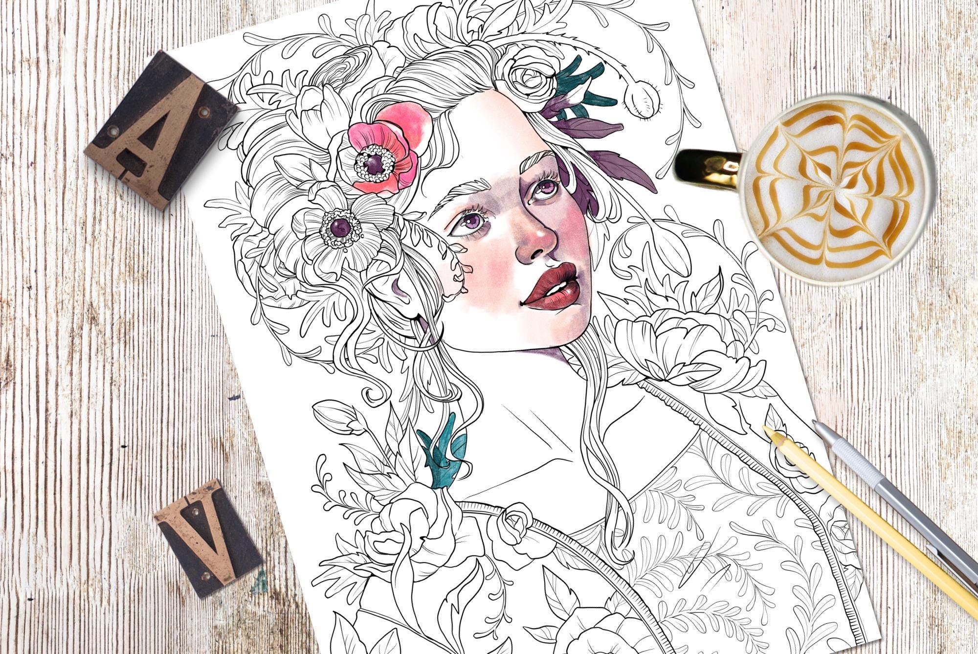 Spring Girl - Printable Coloring Page, Classic and Grayscale - Etsy