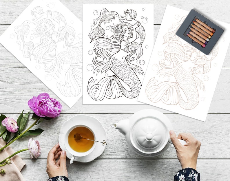 Mother Mermaid Coloring Page printable B&w Light Grey and - Etsy