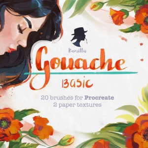 Puede incluir: Conjunto de pinceles Gouache Basic para Procreate con 20 pinceles y 2 texturas de papel. La imagen presenta una ilustración de estilo acuarela de un rostro de mujer y amapolas rojas.