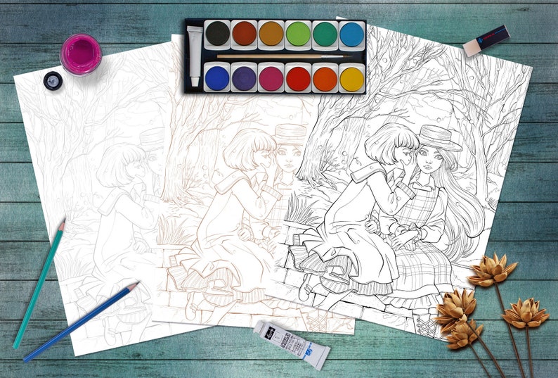 Puede incluir: Una p&aacute;gina para colorear con dos chicas con ropa de invierno susurr&aacute;ndose en un bosque nevado. La p&aacute;gina est&aacute; rodeada de materiales de arte, incluyendo acuarelas, un pincel y l&aacute;pices.