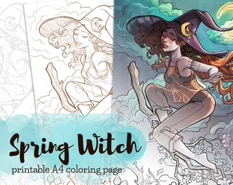 Página para colorear de una bruja de primavera - Brujería imprimible A4