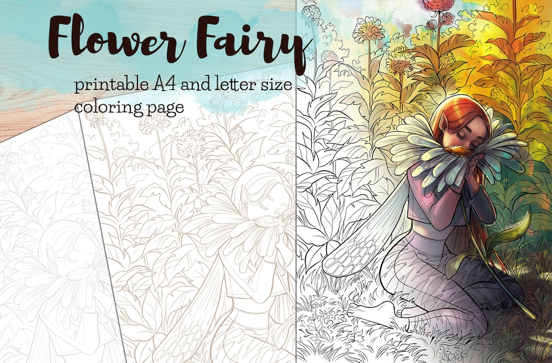 Flower Fairy Printable Coloring Page in B&amp;w, Grey and Sepia - Etsy