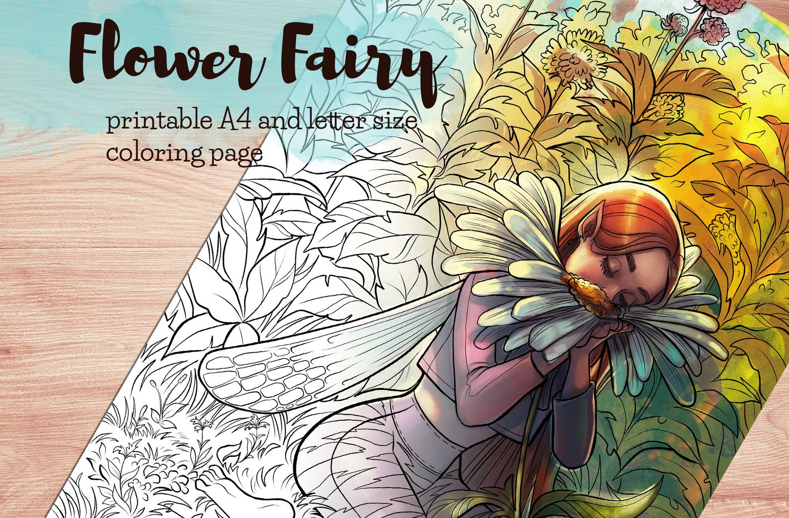 Flower Fairy Printable Coloring Page in B&amp;w Grey and Sepia - Etsy