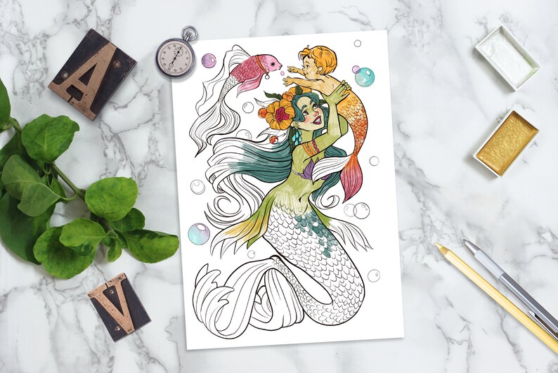 Mother Mermaid Coloring Page printable B&w Light Grey and - Etsy