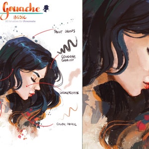 May include: A digital illustration of a woman with long dark hair, with a close-up of her face and hair. The illustration is labeled with the text "Gouache Basic 20 brushes for Procreate" and includes various brush strokes and techniques labeled with their names, such as "Gouache Texture Laye", "Gouache Detail Opaque", "Gouache Grainy", "Underpainting", "Color Pencil", and "Gouache Dabs Effect (in a sponge mode)".