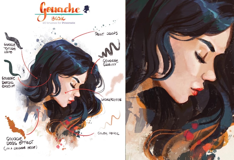 May include: A digital illustration of a woman with long dark hair, with a close-up of her face and hair. The illustration is labeled with the text "Gouache Basic 20 brushes for Procreate" and includes various brush strokes and techniques labeled with their names, such as "Gouache Texture Laye", "Gouache Detail Opaque", "Gouache Grainy", "Underpainting", "Color Pencil", and "Gouache Dabs Effect (in a sponge mode)".