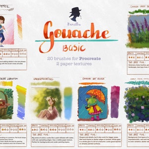 May include: A digital art brush set for Procreate called "Gouache Basic" with 20 brushes and 2 paper textures. The image shows examples of the brushes used to create different effects, including flat creamy color variation, underpainting, gouache wet rough, and gouache color block builder.