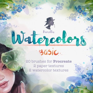 Puede incluir: Pinceles y texturas de acuarela para Procreate. La imagen presenta una ilustración de acuarela de una niña con flores azules y hojas verdes. El texto "Watercolors Basic" está escrito en una fuente manuscrita colorida.