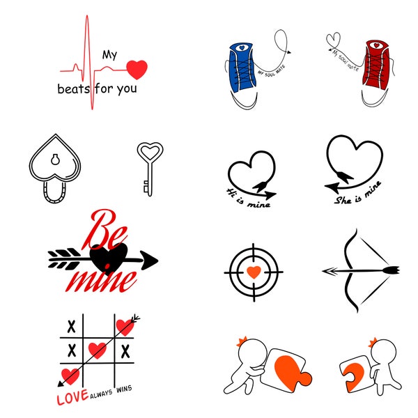 Special designs for couple t-shirts or cups, 8 bundle love pack, PNG files.