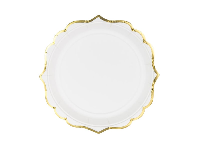 Engagement Party Wedding Plates 6 White Paper Plates with Gold Birthday Party Decor Neutral Baby Shower Tableware Birthday Party Plates