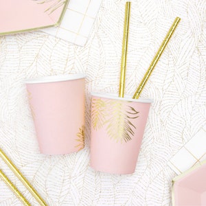 6 Gold Leaf Cups, Birthday Party Decor, Baby Shower Tableware, Light Pink Paper Cups, Anniversary Party Decor, Engagement Party