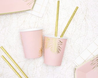 Kubeczki imprezowe Gold Leaf: jasnoróżowe naczynia na baby shower (zestaw 6 sztuk)