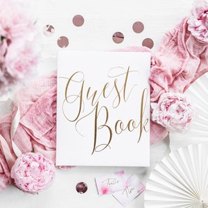 Libro de visitas blanco y dorado, Libro de visitas de bodas, Libro de visitas de despedida de soltera, Decoración de baby shower, Libro de visitas de fiesta, Libro de visitas de cumpleaños